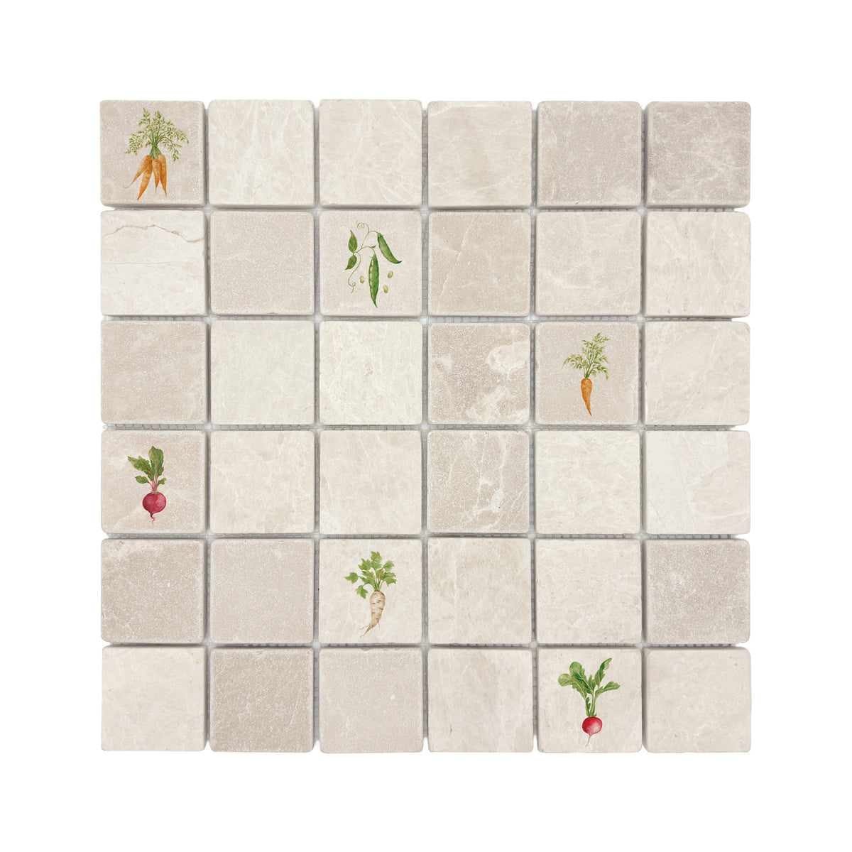 Mosaic tile showing a mixed vegetables painted in s watercolour design 