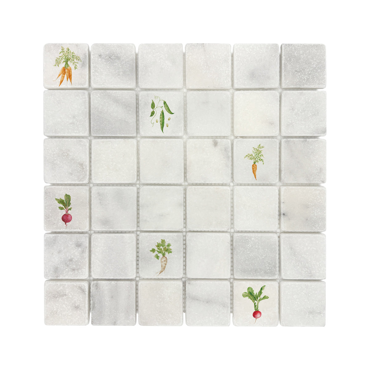 Mosaic tile showing a mixed vegetables painted in s watercolour design 