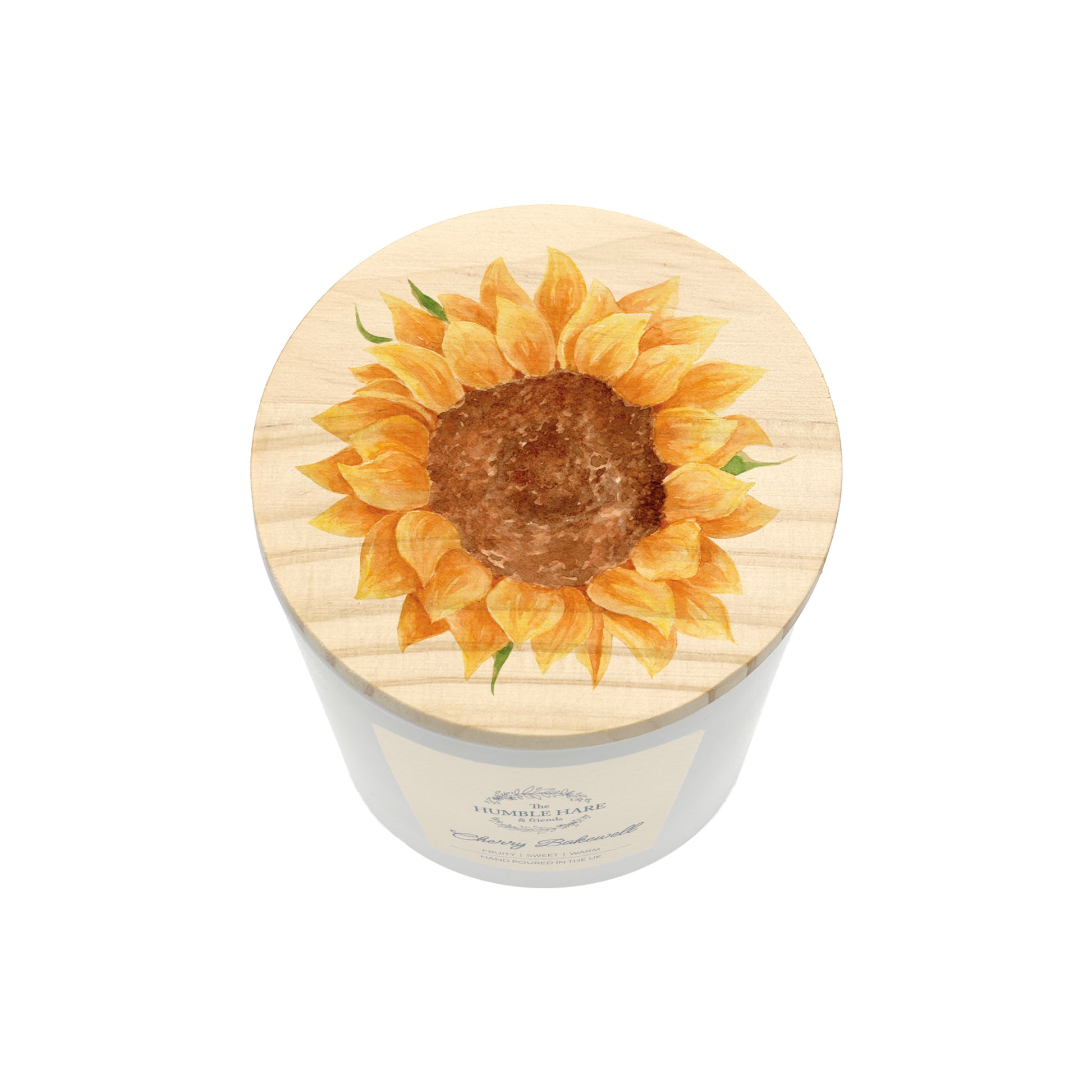 A cylindrical jar candle with a light wood lid featuring a watercolour sunflower design, shown on a plain white background.