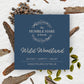 a dark blue label for The Humble Hare's Wild Woodland oud and patchouli scented candle, styled on a textured paper background with bark, cardamom and pepper.