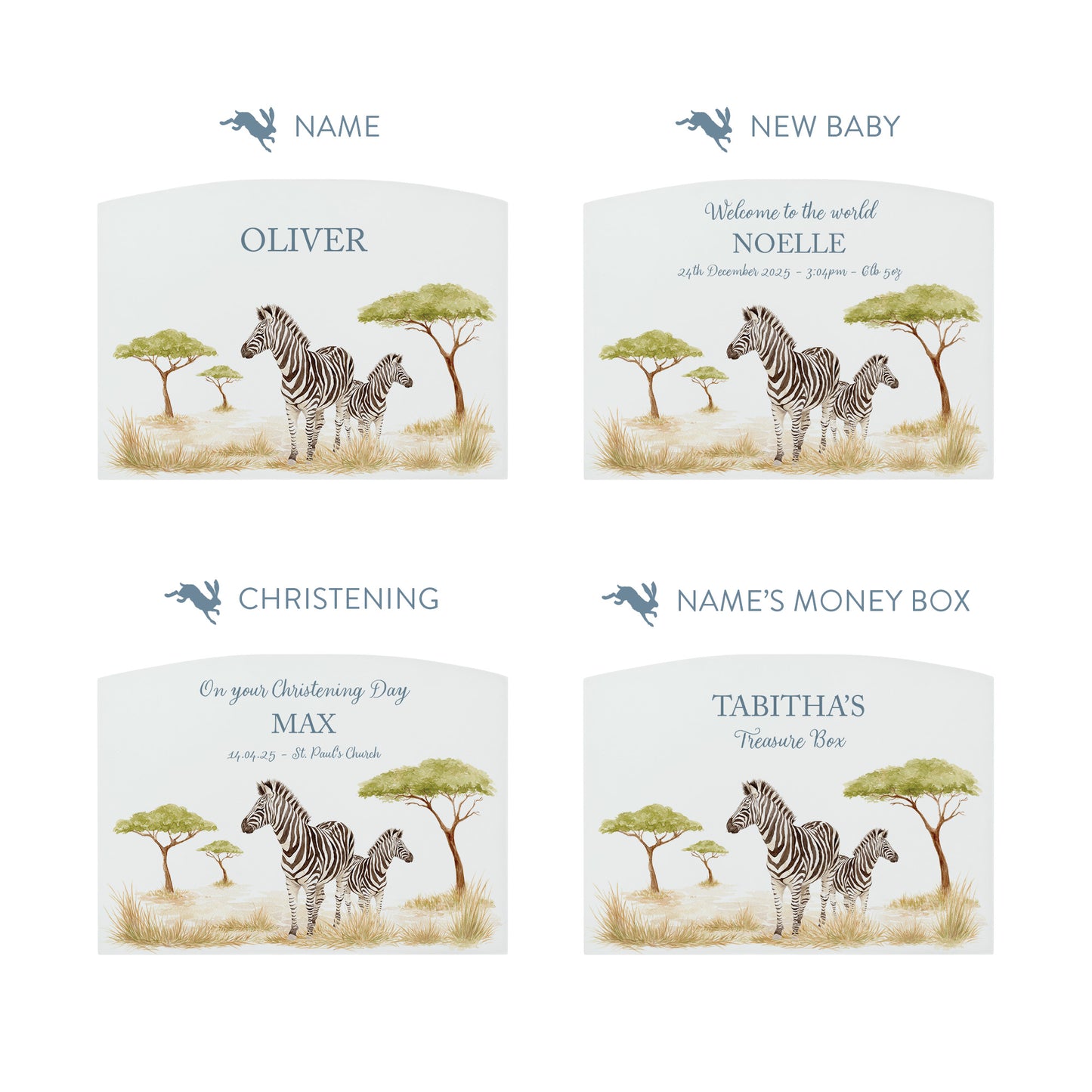 Zebra money box, mummy and baby animal design in the savannah. White arched money box.