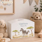 Zebra money box, mummy and baby animal design in the savannah. White arched money box.