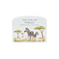 Zebra money box, mummy and baby animal design in the savannah. White arched money box.