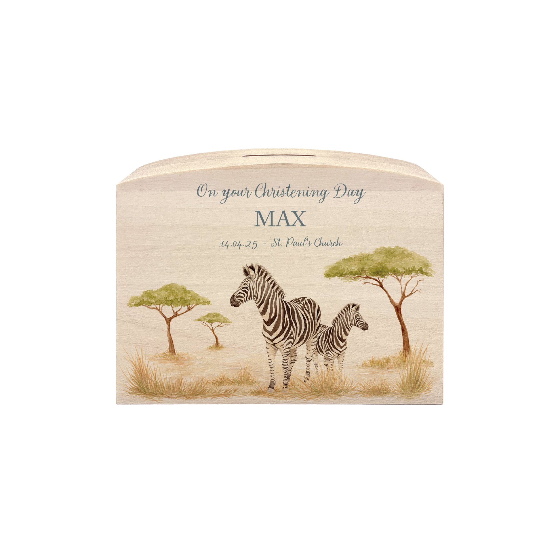 personalised money box handmade with watercolour design for christening gift