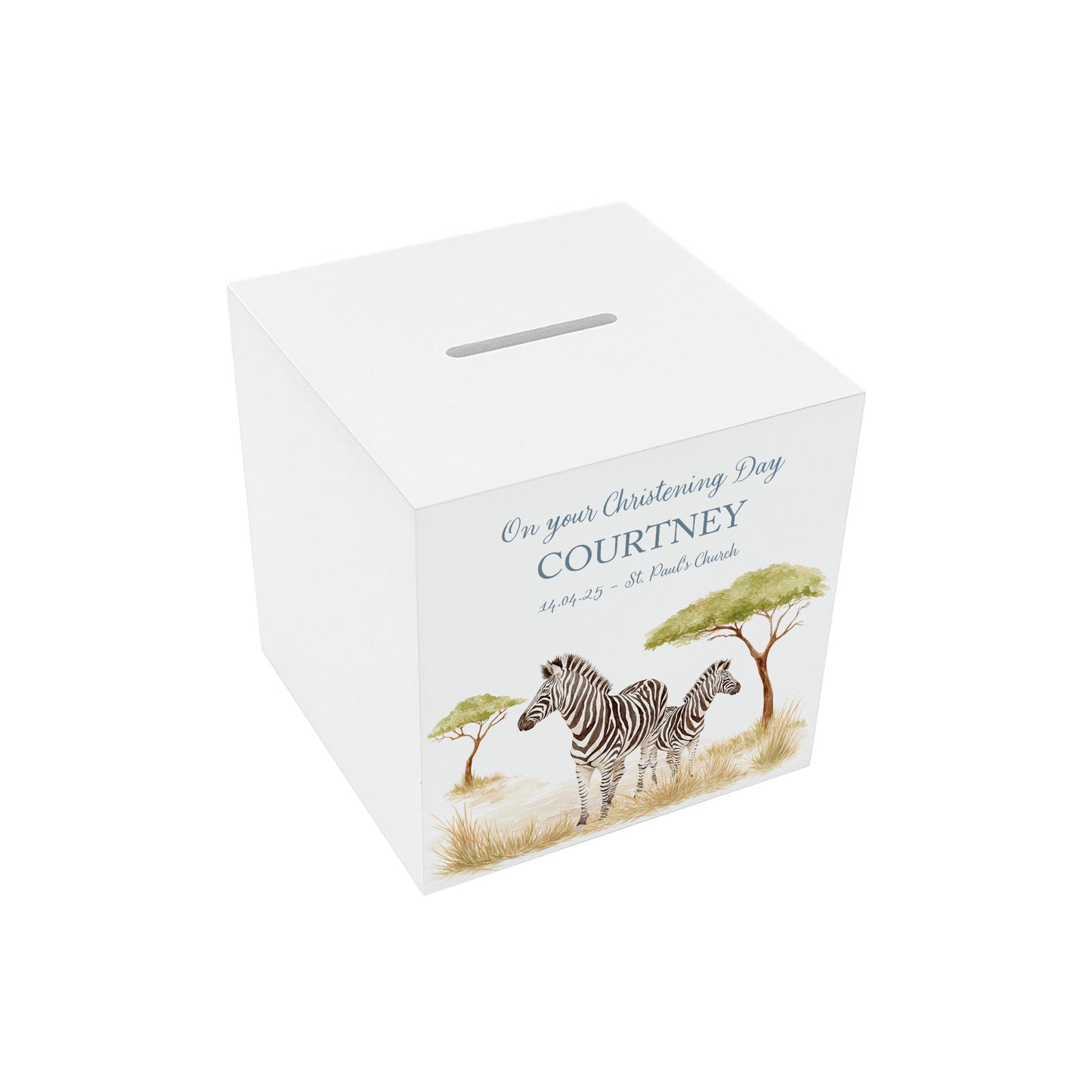 wooden handmade money box with watercolour theme in baby nursery, Illustration of a mummy and baby zebra standing together. 