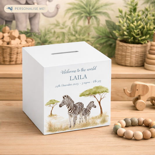 wooden handmade money box with watercolour theme in baby nursery, Illustration of a mummy and baby zebra standing together. 