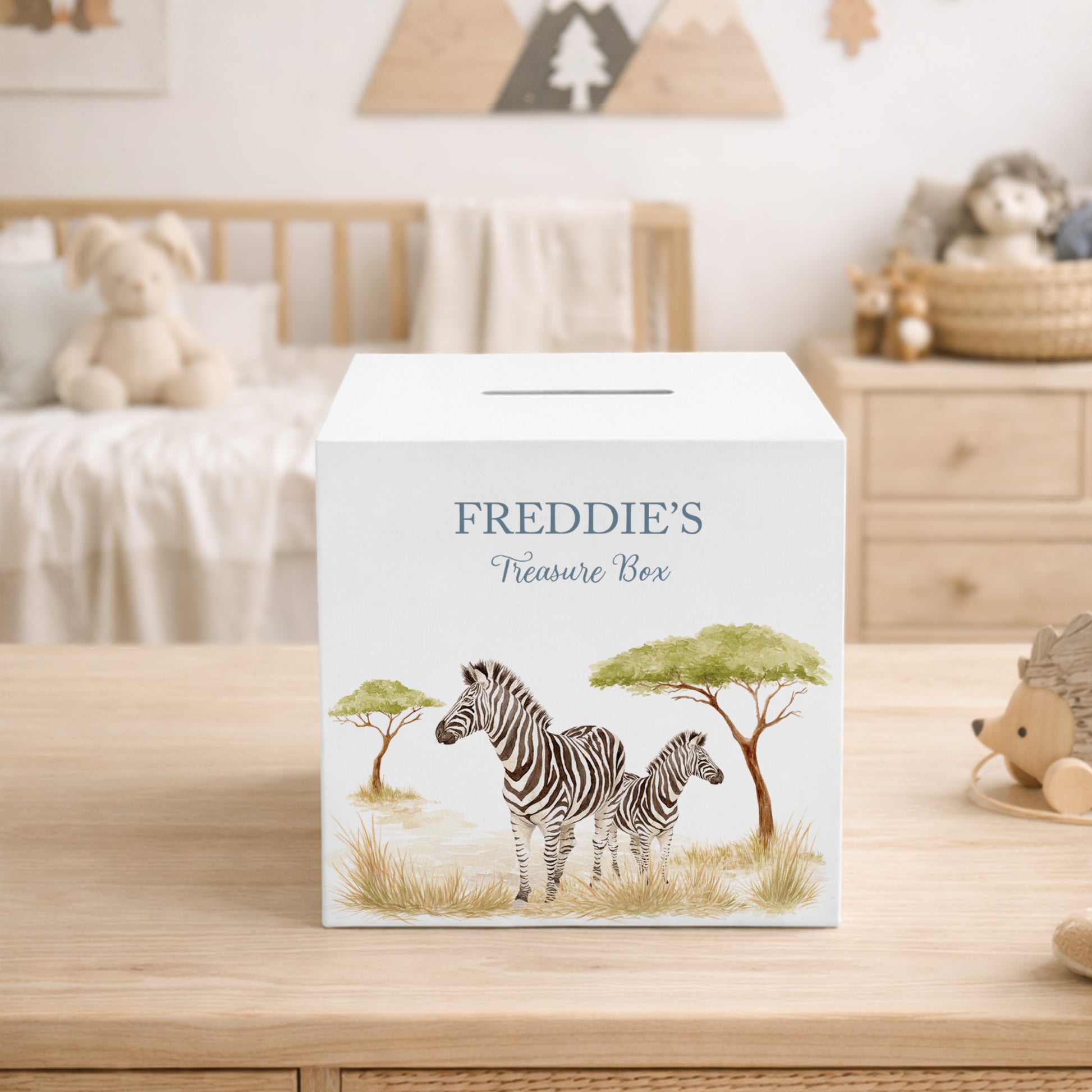 wooden handmade money box with watercolour theme in baby nursery, Illustration of a mummy and baby zebra standing together. 