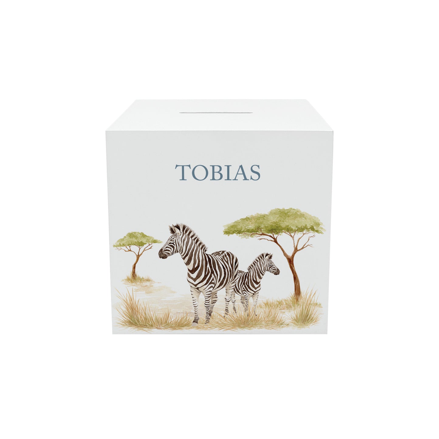 wooden handmade money box with watercolour theme in baby nursery, Illustration of a mummy and baby zebra standing together. 