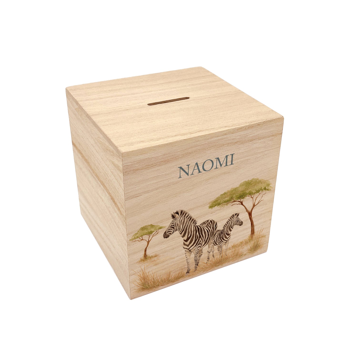 personalised baby money box handmade with watercolour finish for gift- Mummy and Baby zebra resting under a tree in the Savanah 