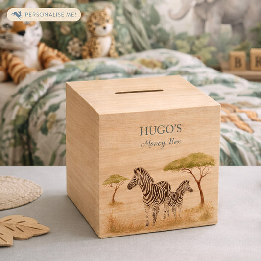personalised baby money box handmade with watercolour finish for gift- Mummy and Baby zebra resting under a tree in the Savanah 