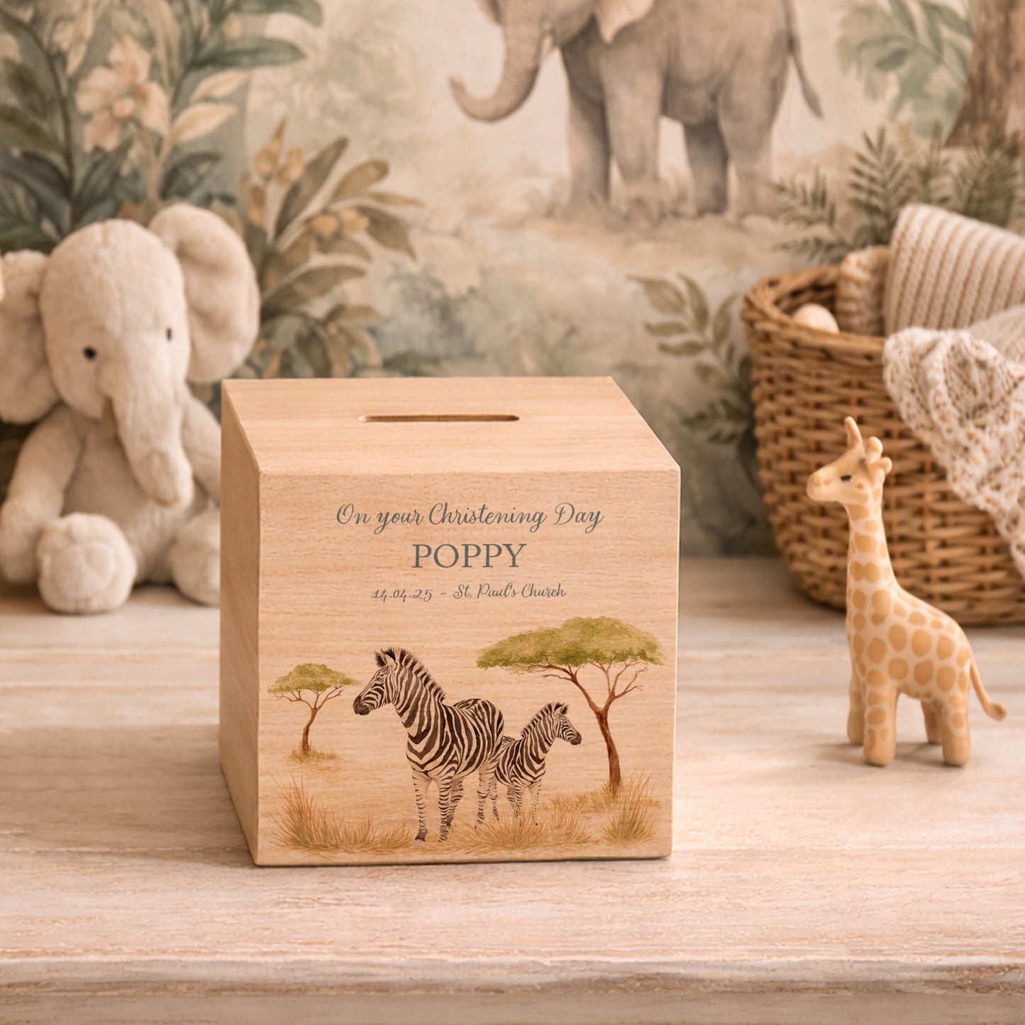 personalised baby money box handmade with watercolour finish for gift- Mummy and Baby zebra resting under a tree in the Savanah 