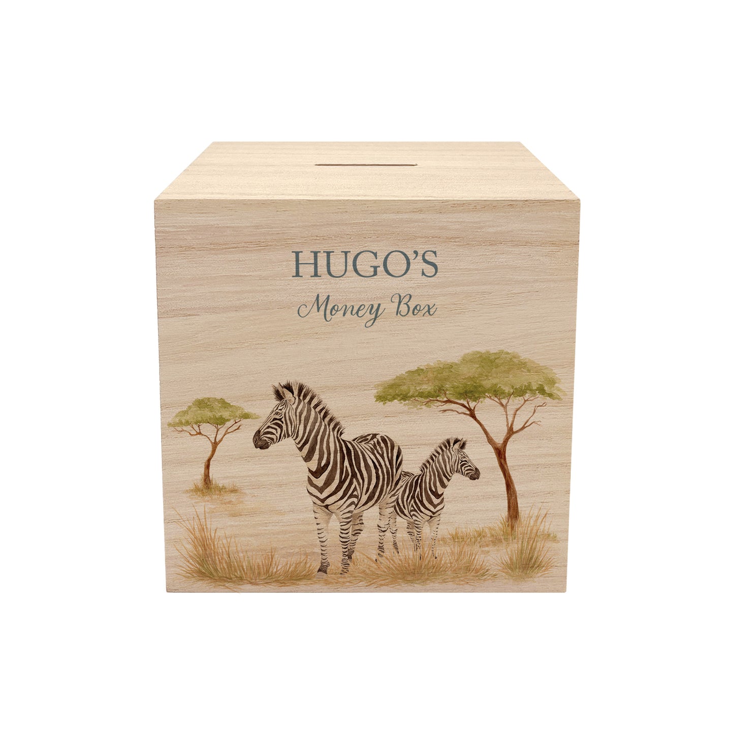 personalised baby money box handmade with watercolour finish for gift- Mummy and Baby zebra resting under a tree in the Savanah 