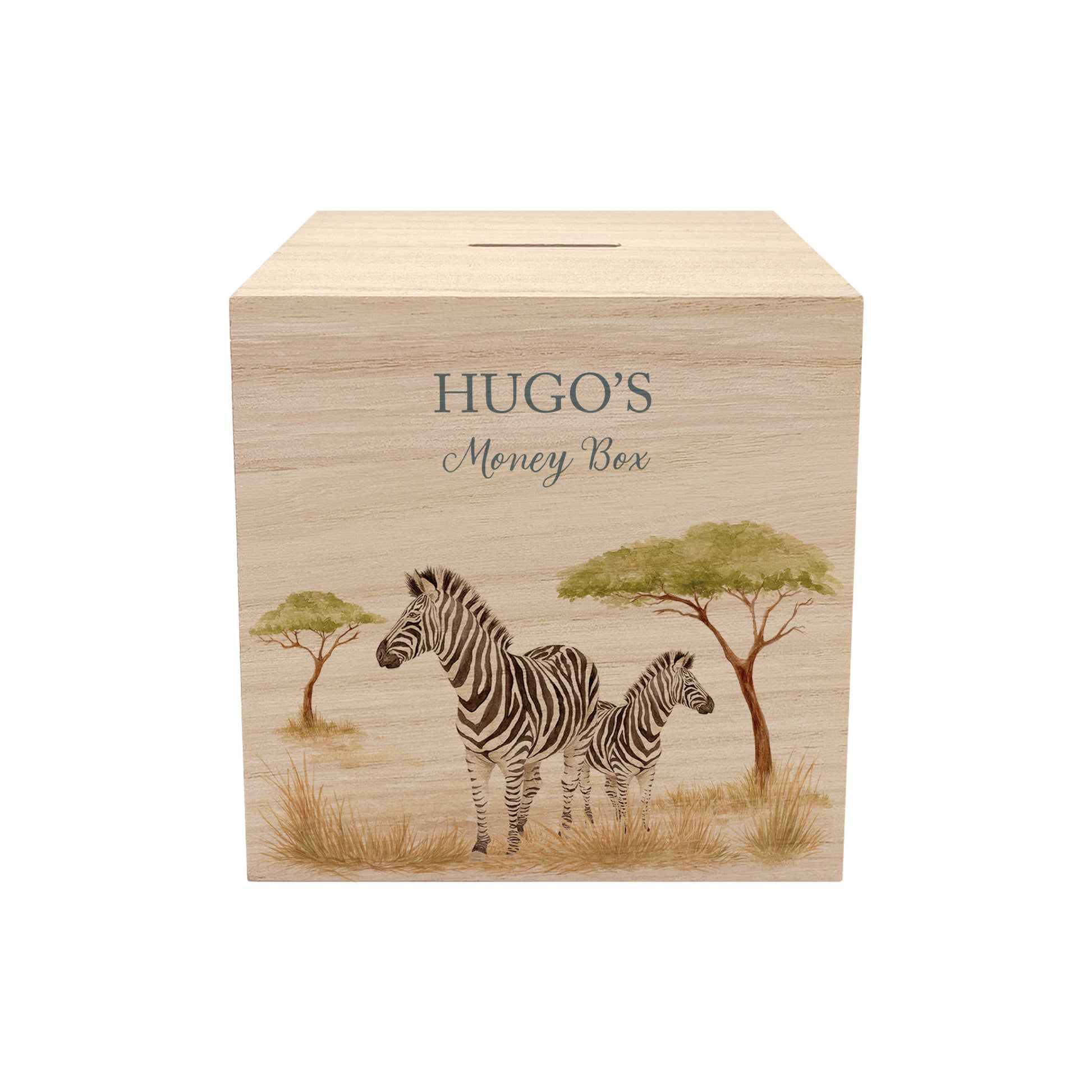 personalised baby money box handmade with watercolour finish for gift- Mummy and Baby zebra resting under a tree in the Savanah 