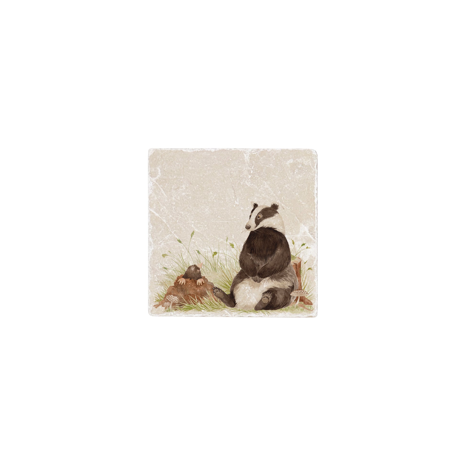 Badger and Mole splashback wall tile, the perfect watercolour marble stone tile. Adding a touch of the countryside to your home. 