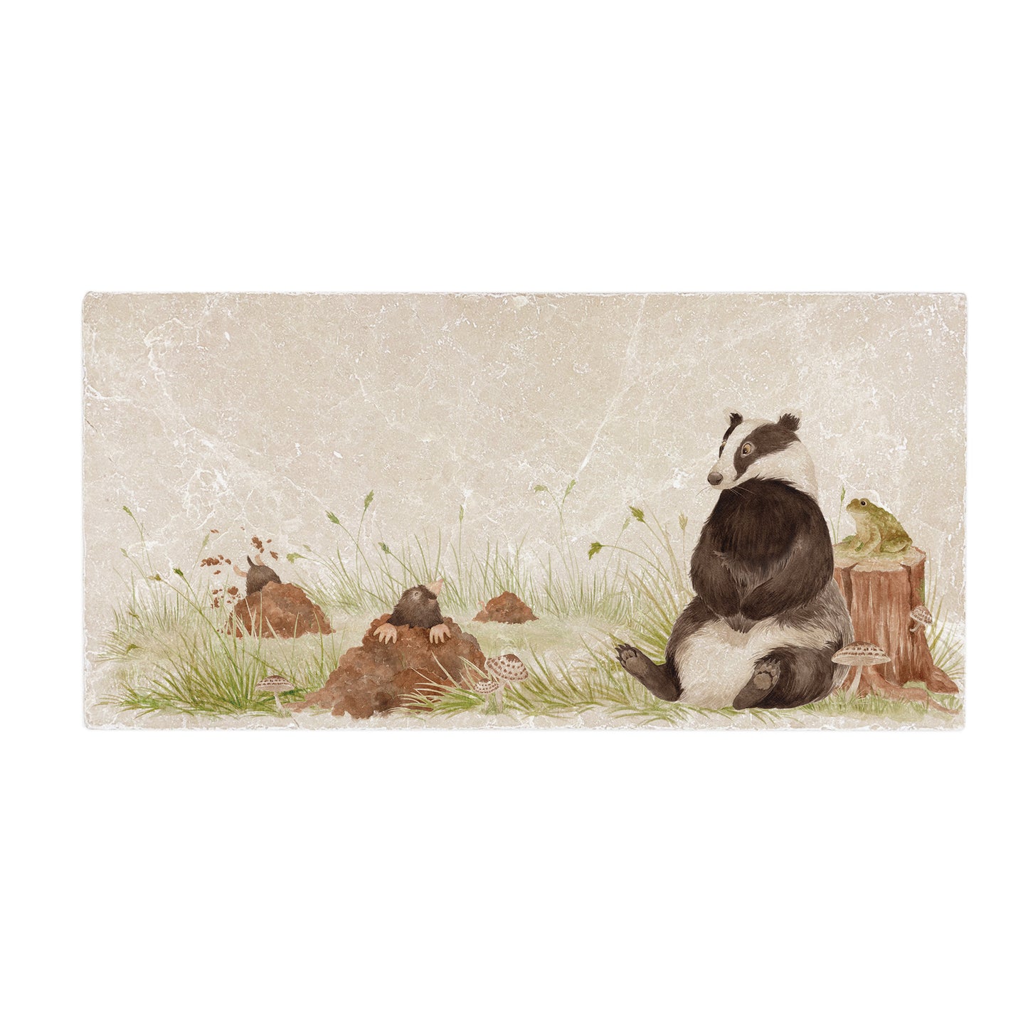 Badger and Mole splashback wall tile, the perfect watercolour marble stone tile. Adding a touch of the countryside to your home. 