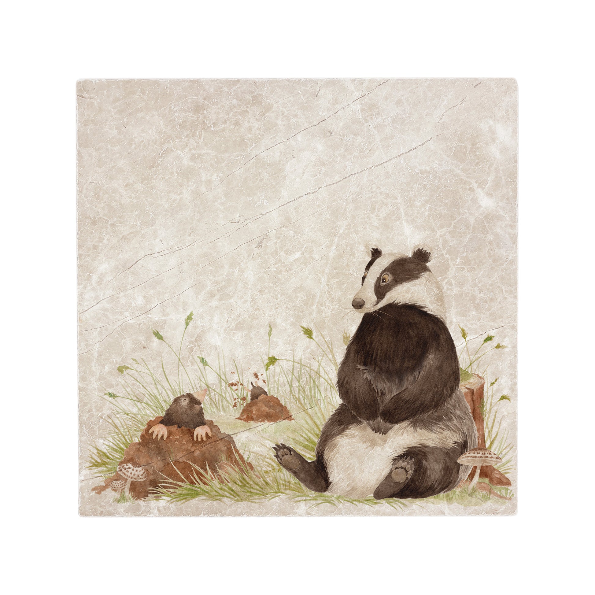 Badger and Mole splashback wall tile, the perfect watercolour marble stone tile. Adding a touch of the countryside to your home. 