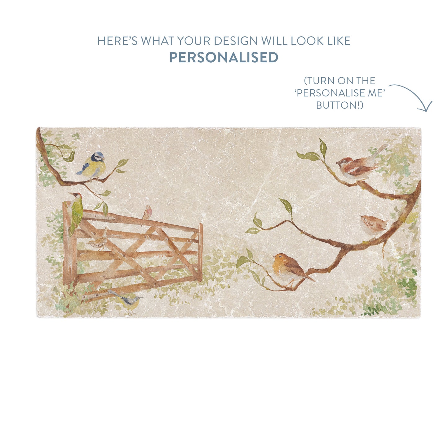 A marble sharing platter with a birds in the hedgerow watercolour design. The platter shows a preview of how personalised text will look on the design.