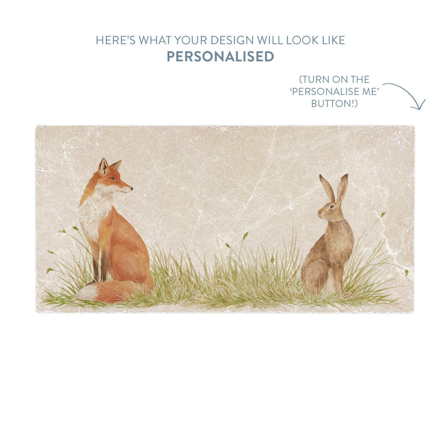 A marble sharing platter with a fox and hare watercolour design. The image shows a preview of personalised text.