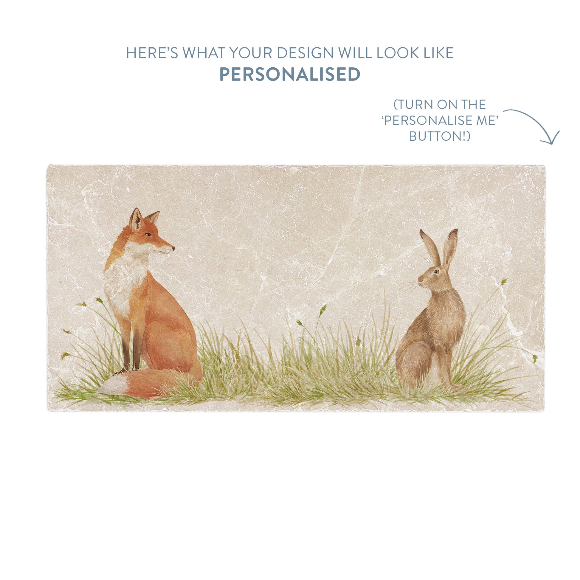 A marble sharing platter with a fox and hare watercolour design. The image shows a preview of personalised text.