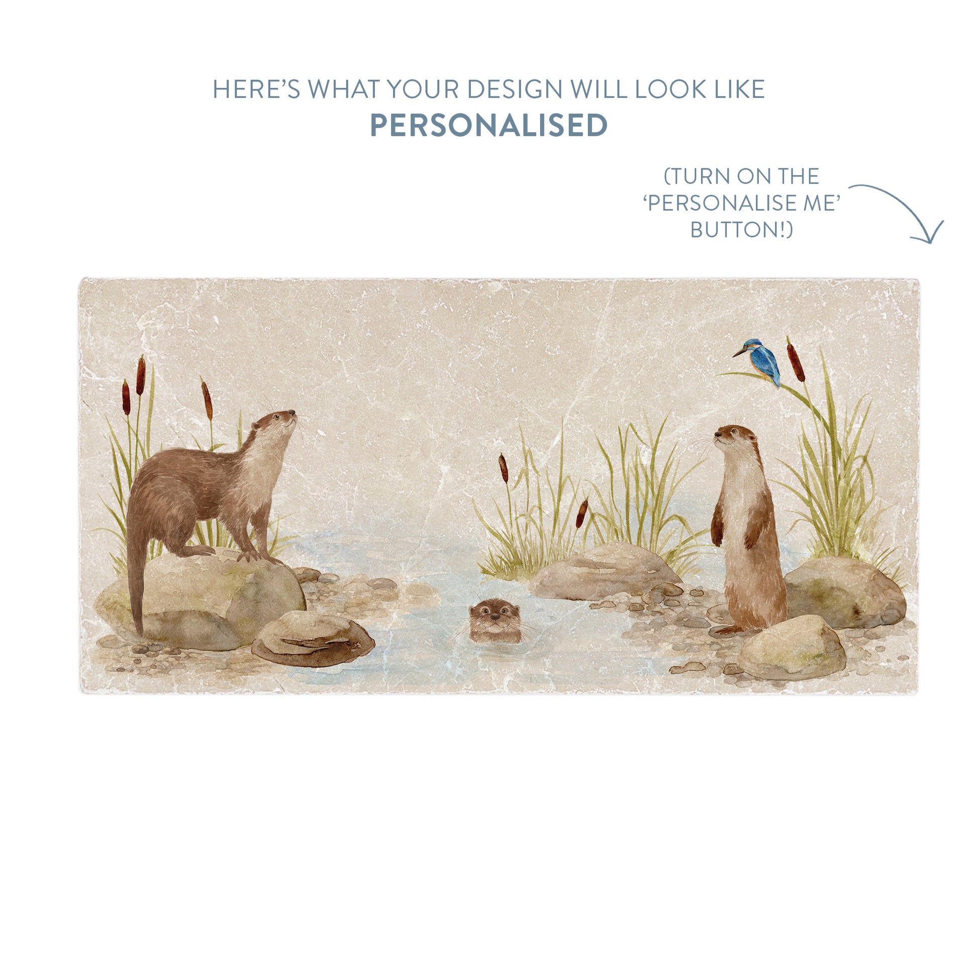 A marble sharing platter with an otter and kingfisher by the riverbank design. The image shows what the platter would look like when personalised text is added.