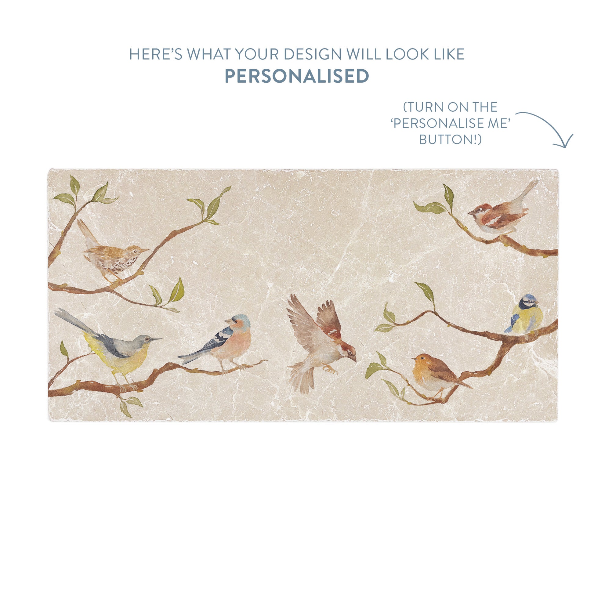 A marble sharing platter with a garden birds watercolour design. The image shows a preview of personalised text.