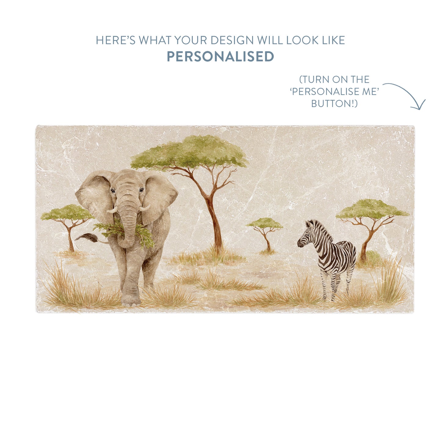 A marble sharing platter with an elephant and zebra savanna design. The image shows a preview of how personalised text will look.
