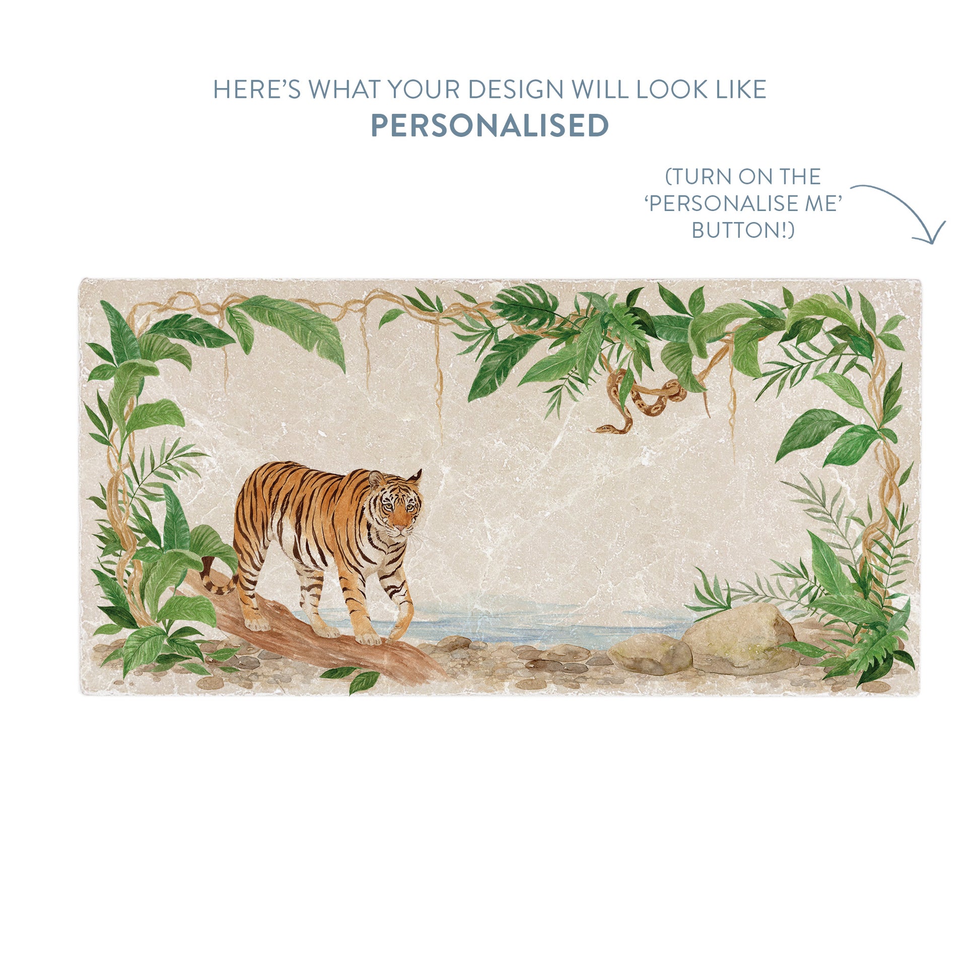 A marble sharing platter with a tiger and python rainforest design. The image shows a preview of personalised text.