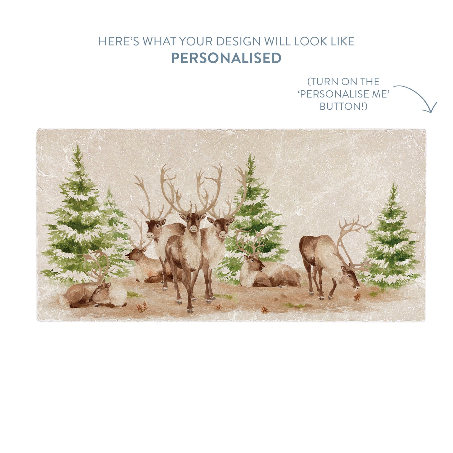 A marble sharing platter with a reindeer watercolour design. The image shows a preview of personalised text.