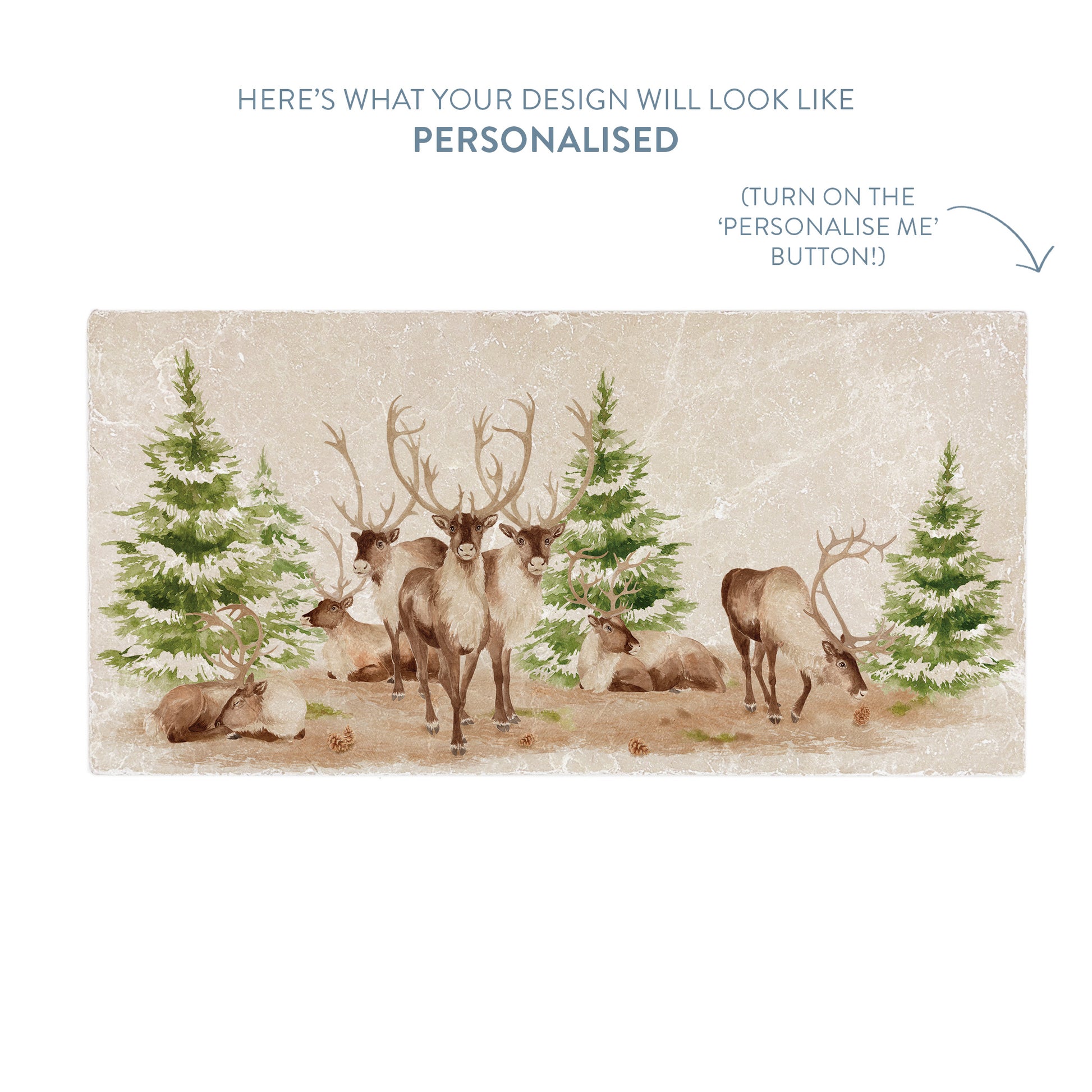 A marble sharing platter with a reindeer watercolour design. The image shows a preview of personalised text.