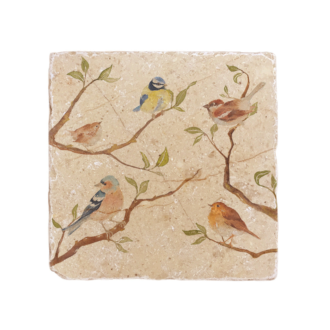 A handmade cream marble splashback tile featuring a watercolour countryside animal design of British garden birds on branches.