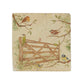 A square cream marble placemat featuring a watercolour countryside animal design of British garden birds in the hedgerow surrounding a paddock gate.