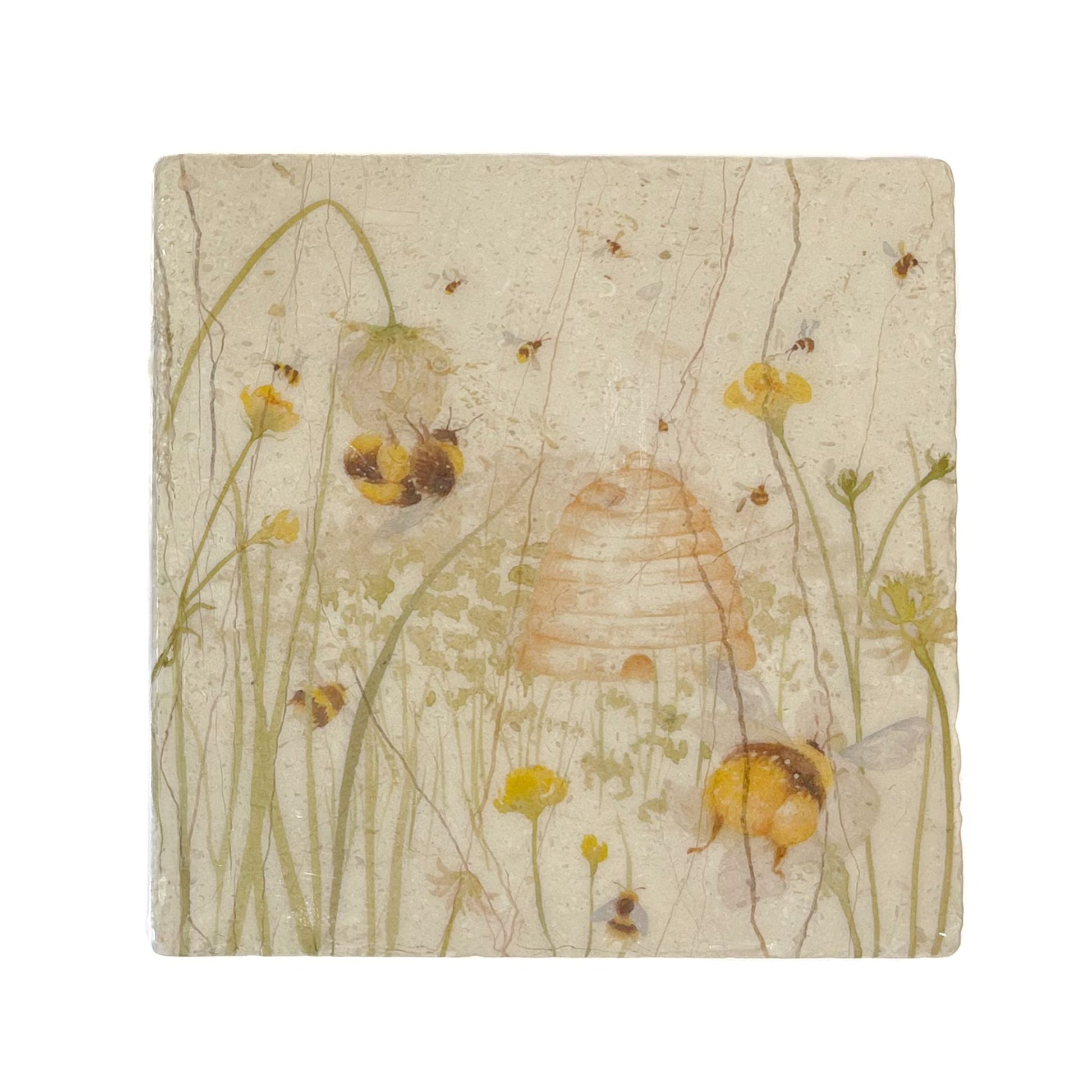 A square cream marble placemat featuring a watercolour countryside animal design of bees and a beehive in a buttercup meadow.