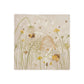 A square cream marble placemat featuring a watercolour countryside animal design of bees and a beehive in a buttercup meadow.